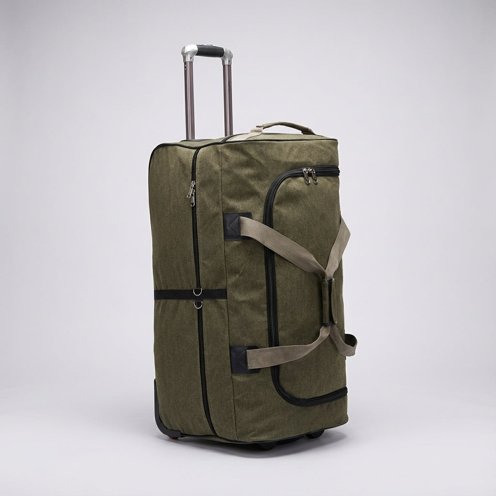 Grote capaciteit canvas reistas met wielen, duurzaam en perfect als bagage of trolley voor vakantie.