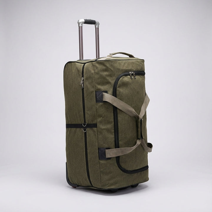 Grote capaciteit canvas reistas met wielen, duurzaam en perfect als bagage of trolley voor vakantie.