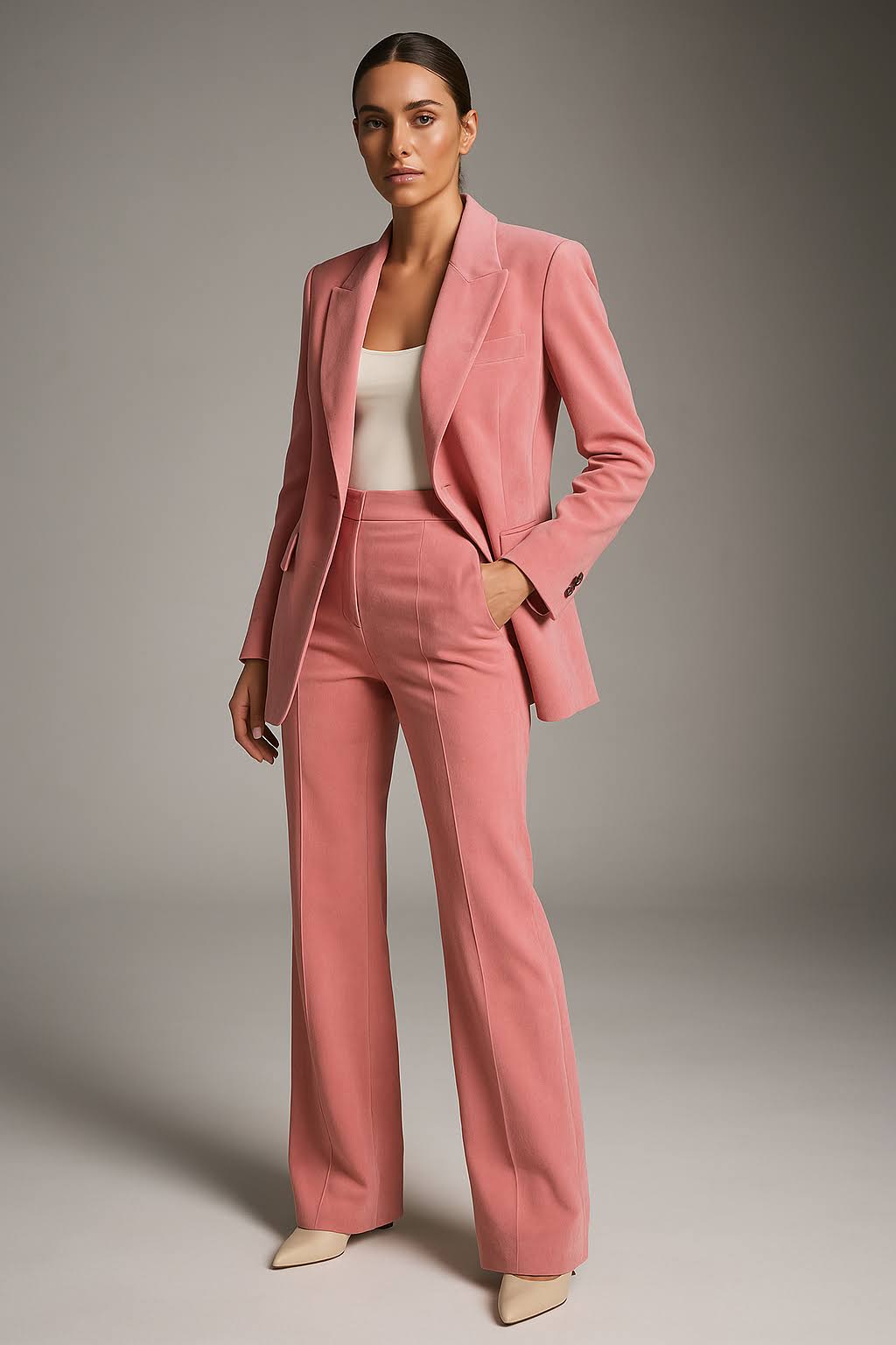 Stijlvol dames tweedelig blazer & pantalon pak. Ideaal voor zakelijke en elegante gelegenheden, modieus en comfortabel.