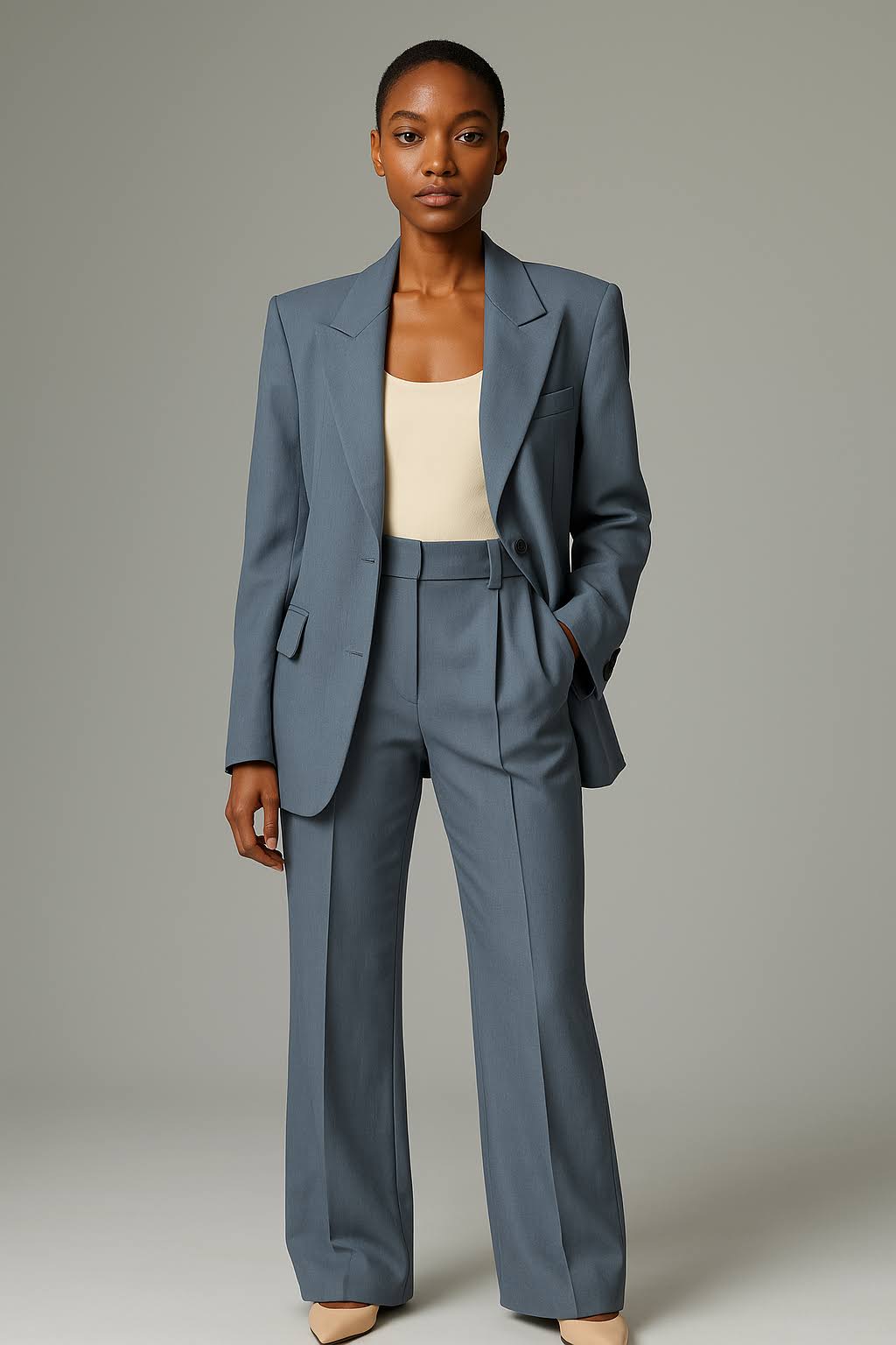 Gestroomlijnd tweedelig dames blazer en pantalon pak. Een comfortabele en stijlvolle keuze voor zakelijke of feestelijke outfits.