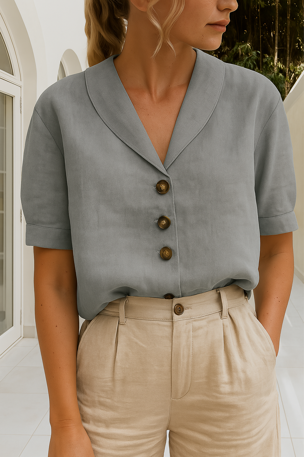 Effen dames zomershirt met unieke envelophals; casual en comfortabel voor warme dagen.