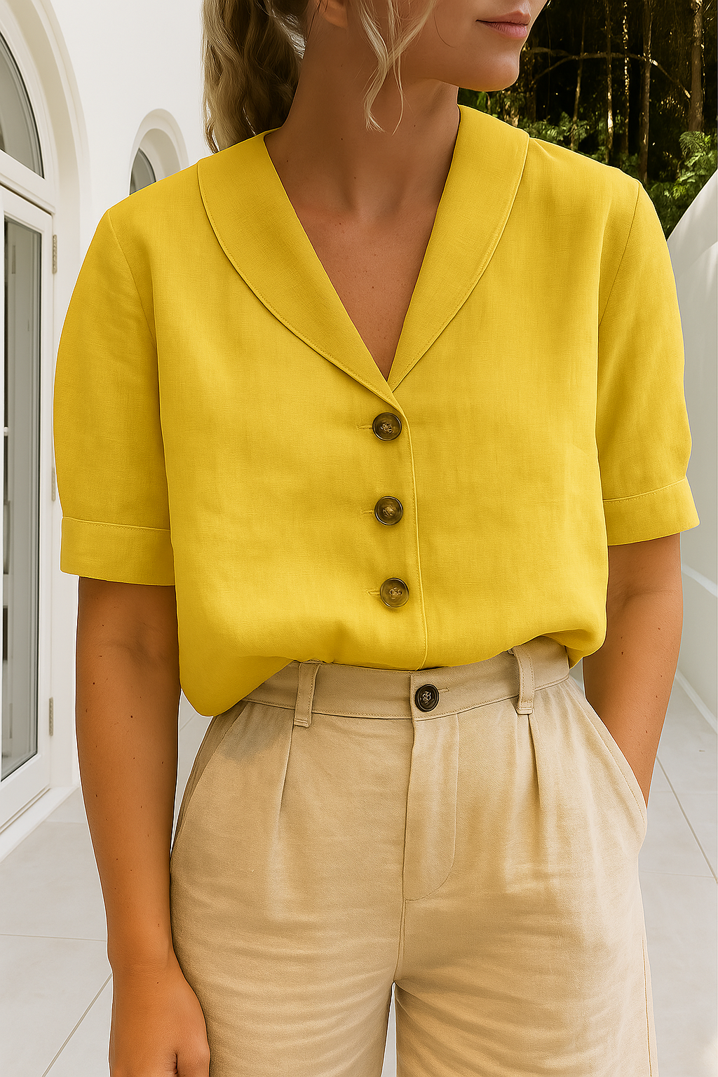 Vrouw draagt elegant zomershirt met envelophals, ideaal voor een frisse en stijlvolle lenteoutfit.