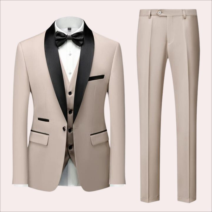 Stijlvol driedelig herenpak met gilet, perfect voor zakelijke bijeenkomsten of formele evenementen.