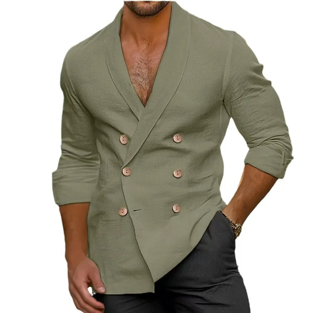 Vintage-geïnspireerd dubbelgeknoopt herenoverhemd met stijlvolle reverskraag. Ademend en regular fit voor herenmode.
