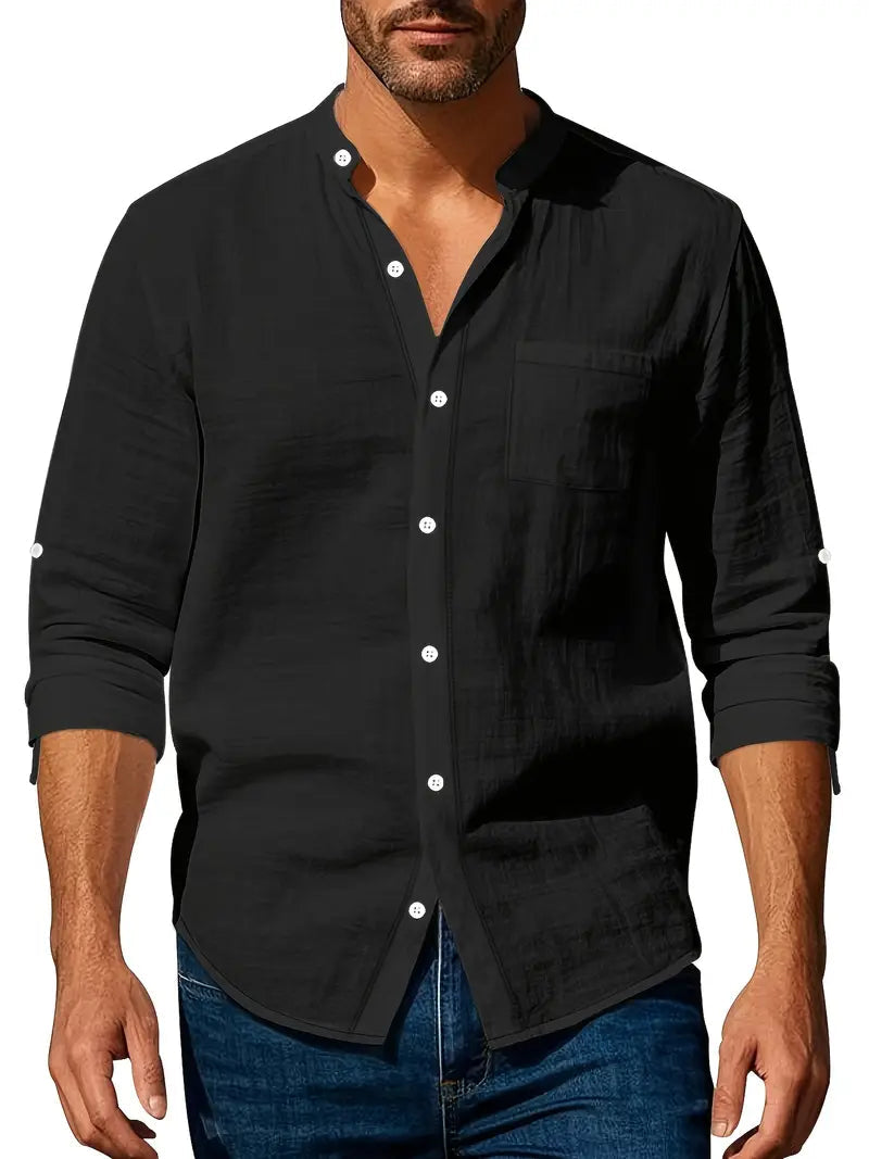 Modieus heren casual shirt met bandkraag, lange mouwen oprolbaar, perfect voor dagelijks gebruik.