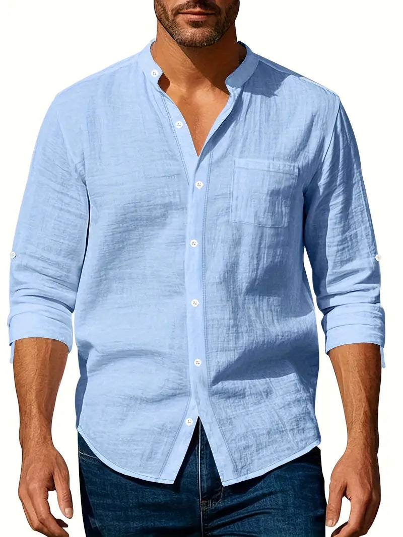 Comfortabel heren shirt met bandkraag en oprolbare mouwen, een veelzijdige keuze voor elke man.