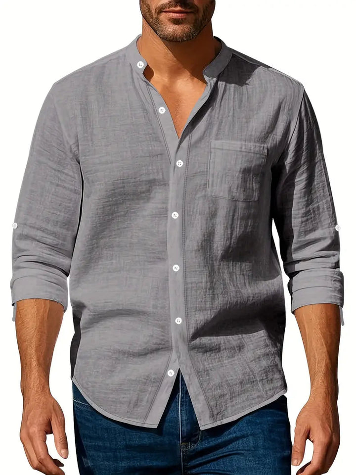 Trendy heren casual shirt met bandkraag en oprolfunctie voor de mouwen, comfortabel en stijlvol.