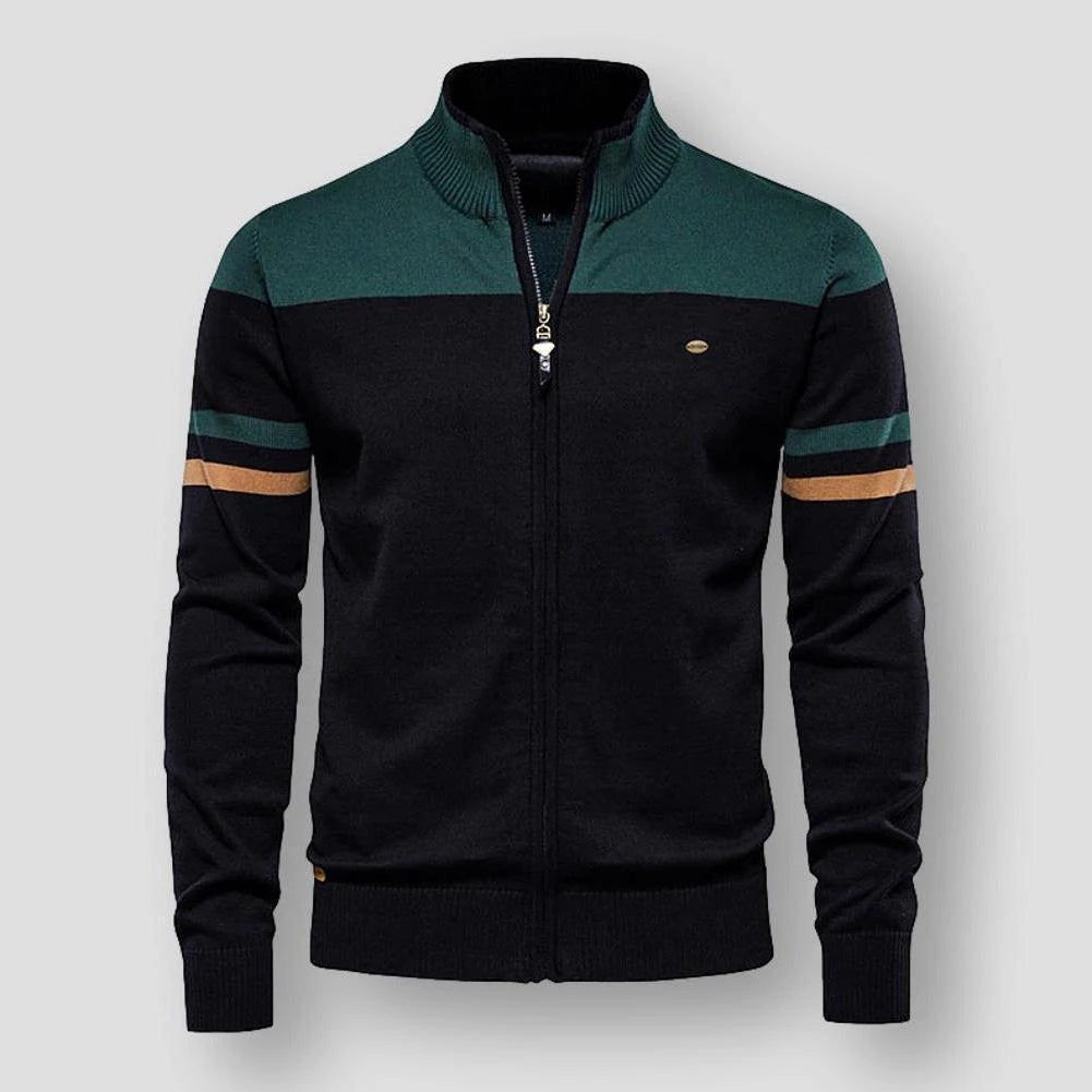 Hip heren color block zip-up jack, comfortabel en stijlvol voor diverse bovenkleding outfits.