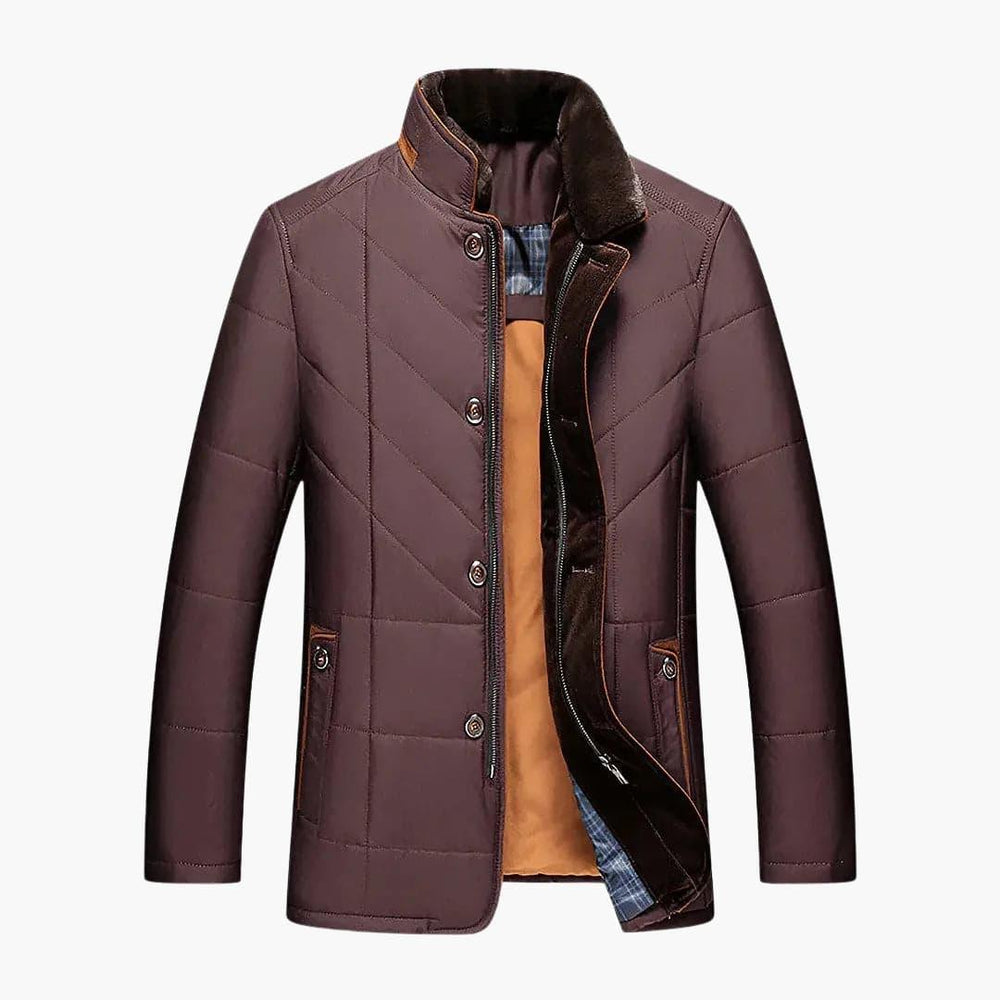 Comfortabel zwart gequilt herenjasje met knoopsluiting en staande kraag; perfecte stijlvolle winterjas.