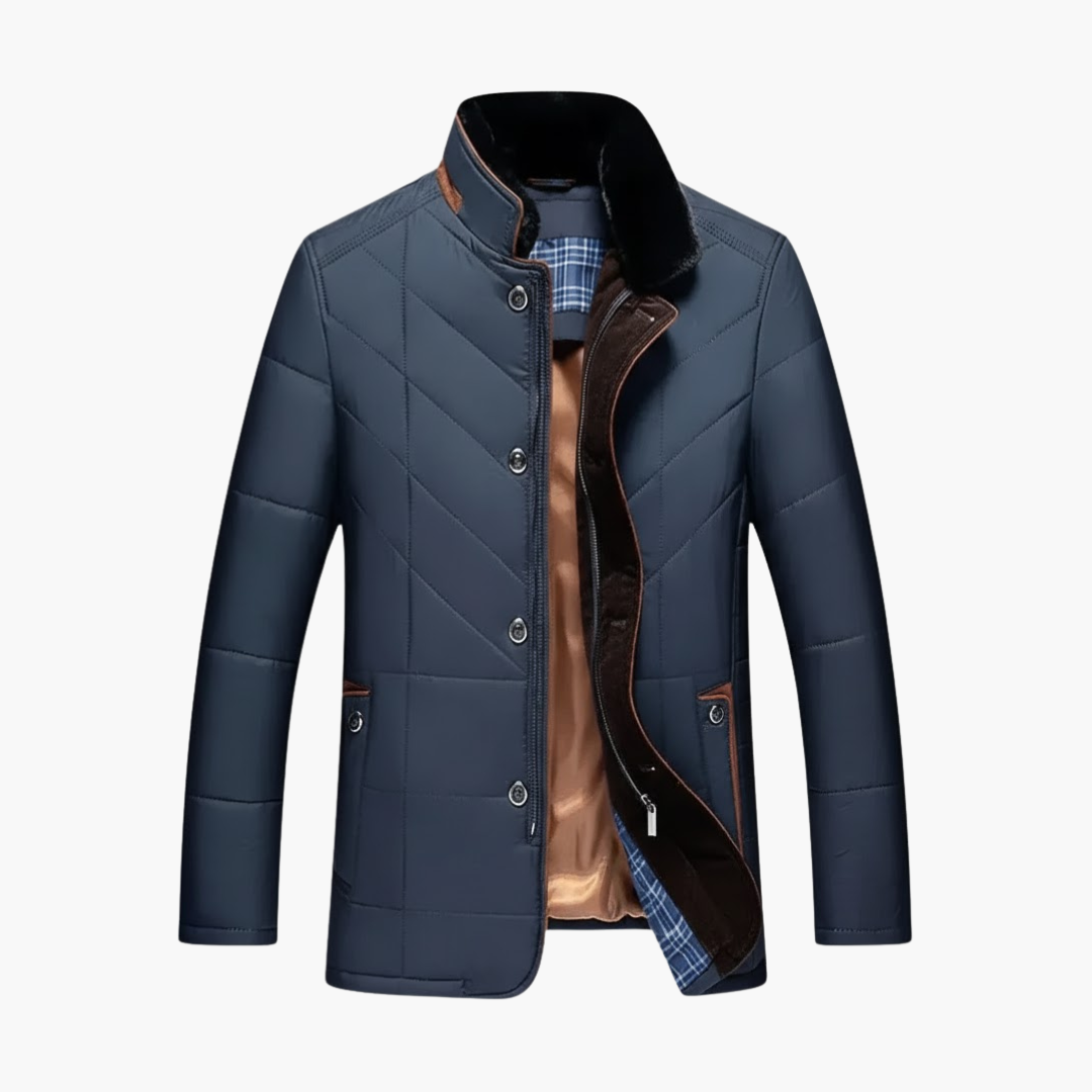 Elegant koninklijkblauw gequilt herenjasje met staande kraag; casual jas voor herfst en winter.