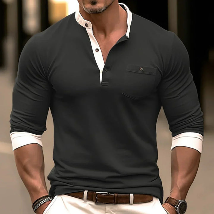 Trendy heren henley shirt met lange mouwen, perfect voor een comfortabele en stijlvolle casual herenkleding.