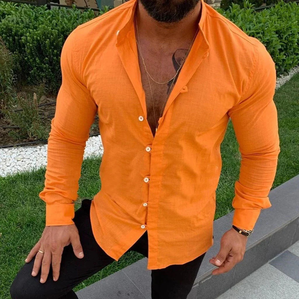 Stijlvol effen heren overhemd met lange mouwen, ideaal voor lente en zomer. Comfortabele vrijetijdskleding of zakelijke blouse.