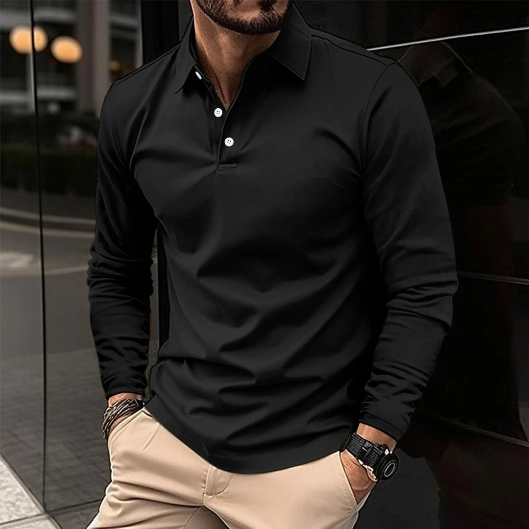 Heren poloshirt lange mouwen met nette knoopsluiting en klassieke polokraag, perfect voor een verzorgde look.