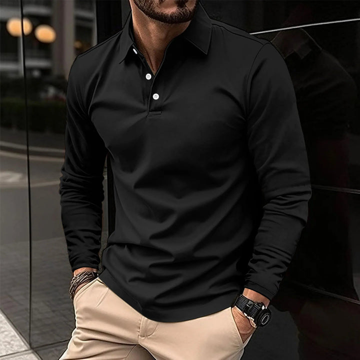 Heren poloshirt lange mouwen met nette knoopsluiting en klassieke polokraag, perfect voor een verzorgde look.