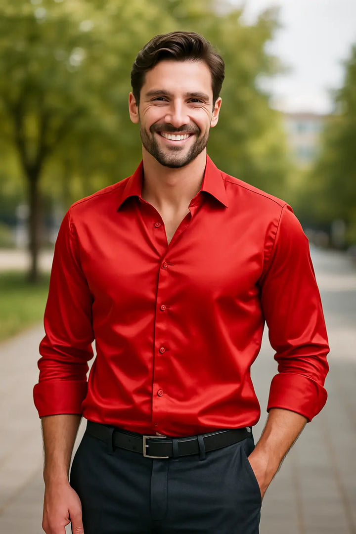 Gouden heren slim fit overhemd met lange mouwen, perfect voor een chique feestelijke avond.
