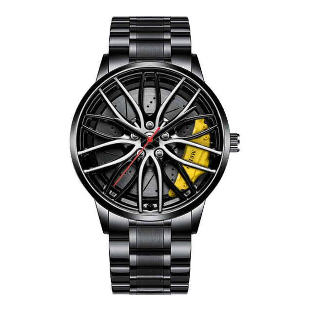 Luxe RaceVision herenhorloge met sportief racewagen element, verfijnd accessoire.