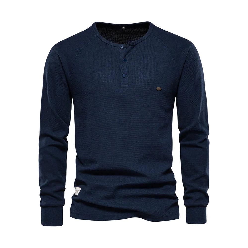 "Stijlvol herenlangemouwenshirt marineblauw, ronde hals, knoopsluiting, zachte ademende stof voor dagelijks gebruik en comfor