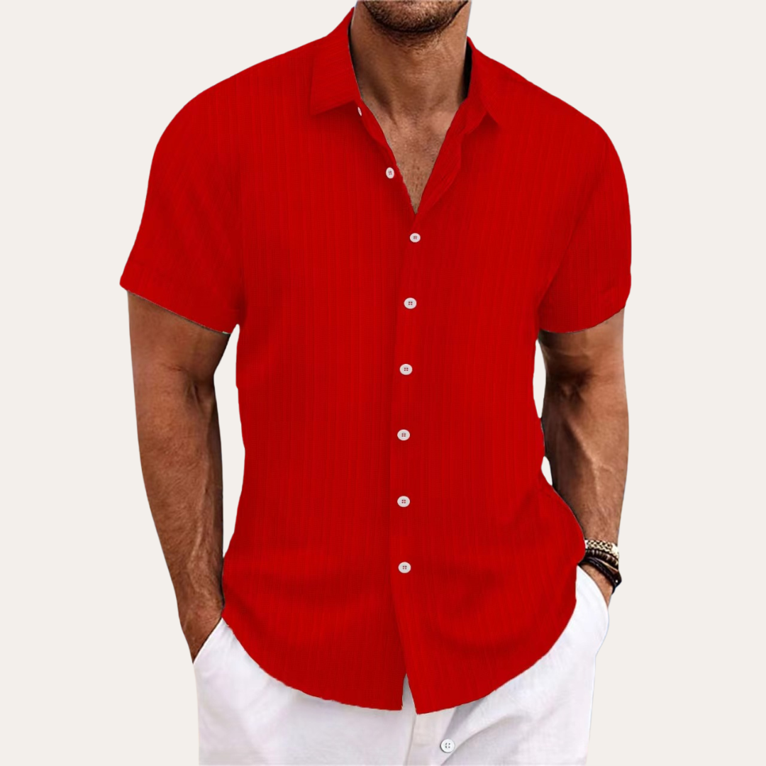 Achterkant van stijlvol herenoverhemd korte mouwen met streepjes. Regular fit voor optimaal zomercomfort, casual look.