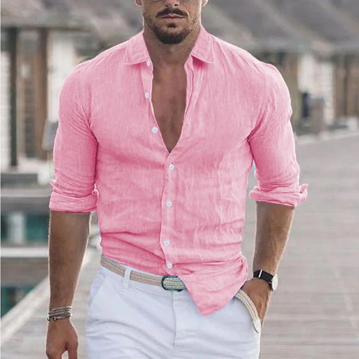 Modern herenoverhemd met lange mouwen en stijlvolle omslagkraag; comfortabel voor casual herenkleding outfits.