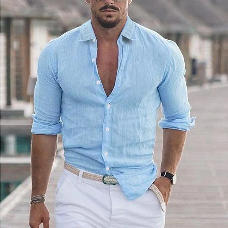 Elegant herenoverhemd met omslagkraag en lange mouwen; perfecte casual pasvorm voor de moderne man.