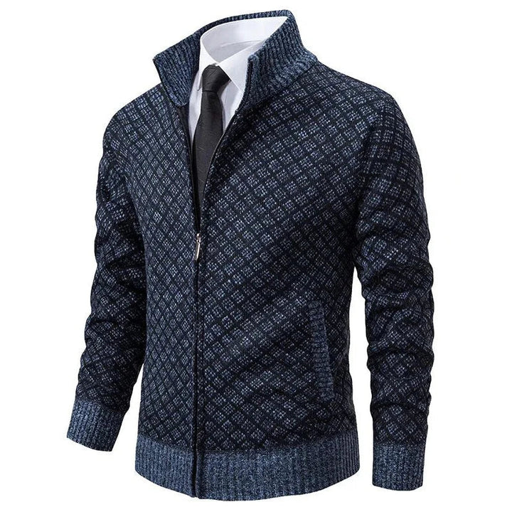 Modern herenvest in bordeaux met opvallend geometrisch patroon. Combineert comfort met een stijlvolle look.