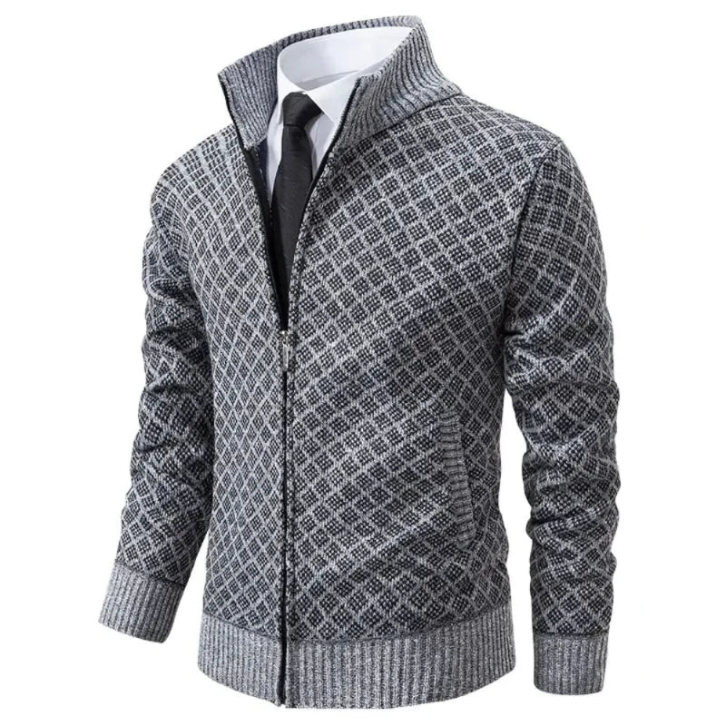 Casual heren ritsvest met geometrische print, gemaakt van zachte katoenmix. Beschikbaar in grijs, blauw en zwart.