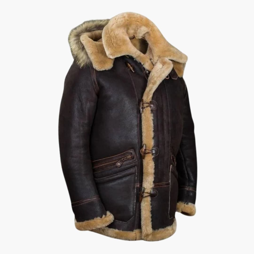 Warme bruine heren winterjas met zachte schapenwol voering, perfect voor koude dagen en outdoor winterkleding.