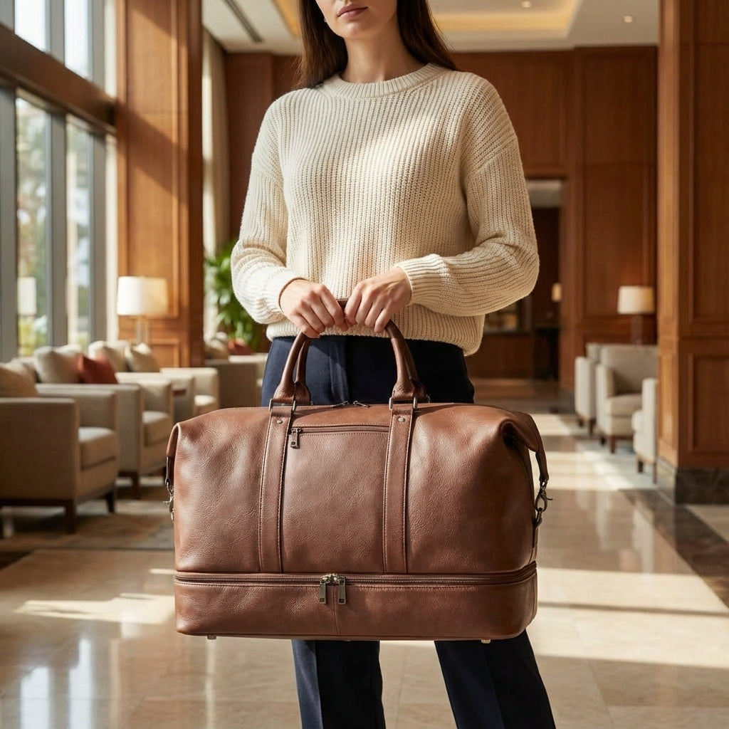 Stijlvolle bruine leren reistas voor weekendtrips, unisex duffelbag met afneembare schouderriem.