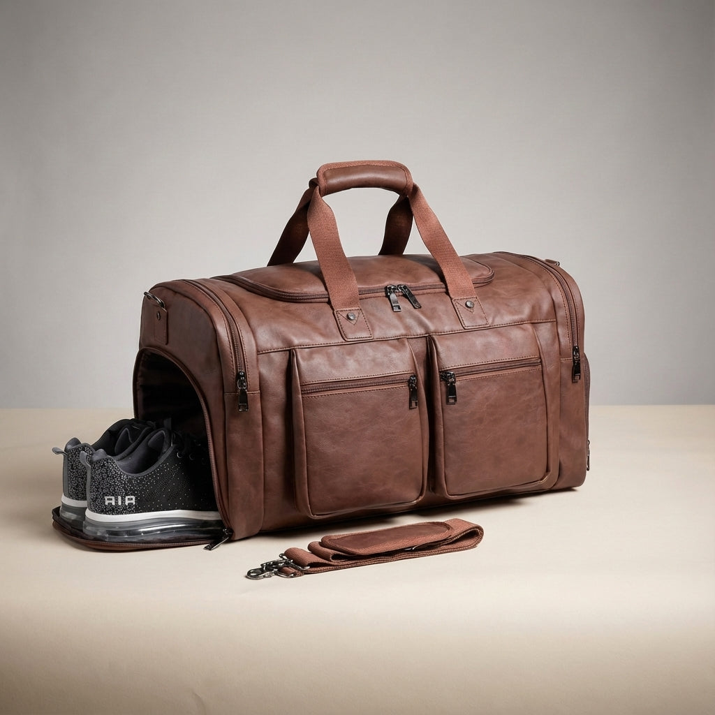 Elegante roze leren weekendtas op koffer, perfecte reisaccessoire voor stijlvolle duffelbag-gebruikers.