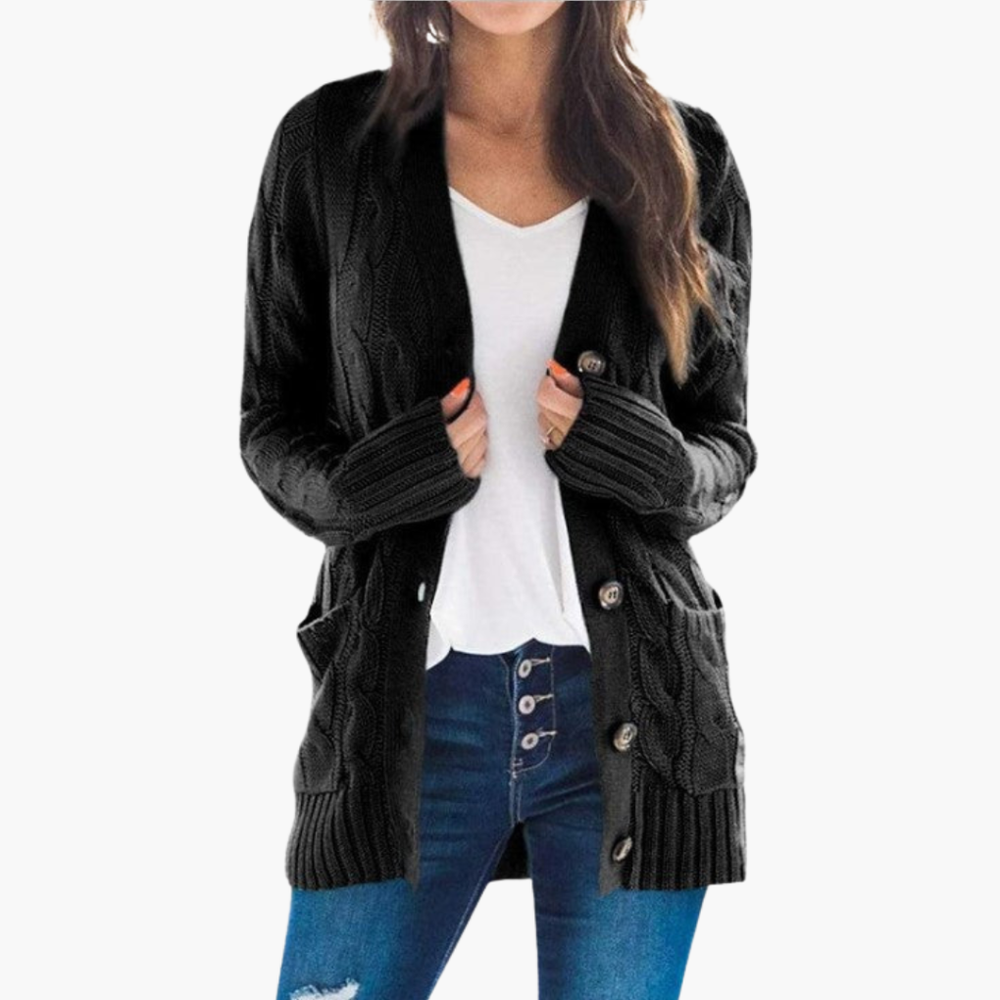 Comfortabele dames cardigan met knopen en zachte stof, perfect voor stijlvolle wintermode.