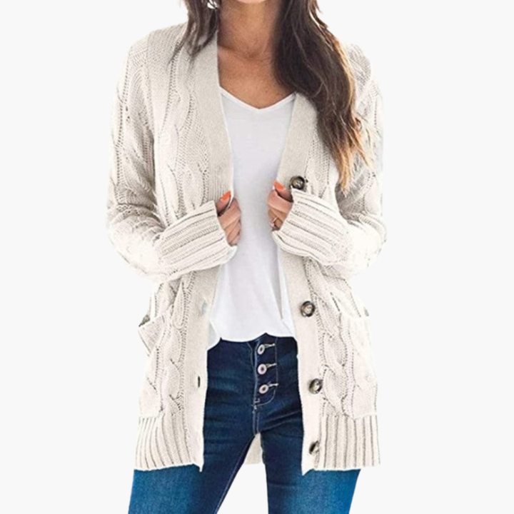 Veelzijdige dames cardigan met knopen, beschikbaar in alle maten voor een casual look.