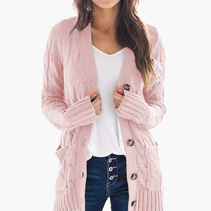 Dames cardigan met elegante knopen en handige zakken, combineert comfort met functionaliteit.