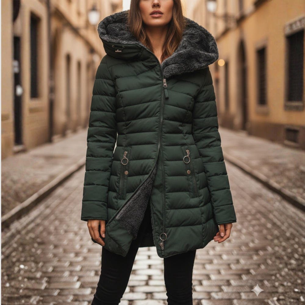 Warme groene dames winterjas, gewatteerd met kap, perfect voor koude winterdagen en casual gebruik.