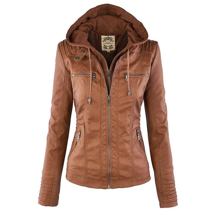 "Stijlvolle dames leren zomerjas, elegant design in zwart, bruin of khaki, met moderne ritssluiting en afneembare capuchon."