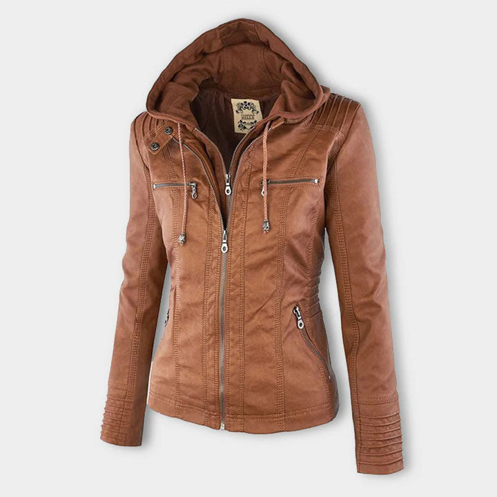 "Stijlvolle dames leren zomerjas, elegant design in zwart, bruin of khaki, met moderne ritssluiting en afneembare capuchon."