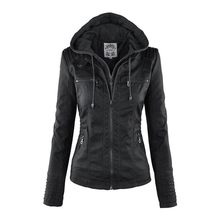 "Stijlvolle dames leren zomerjas, elegant design in zwart, bruin of khaki, met moderne ritssluiting en afneembare capuchon."