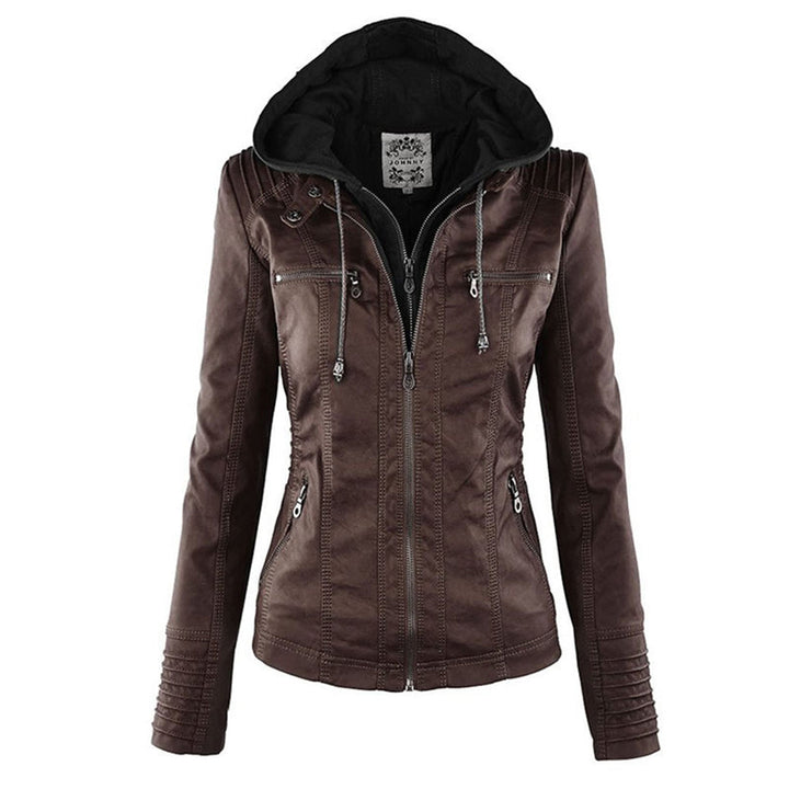"Stijlvolle dames leren zomerjas, elegant design in zwart, bruin of khaki, met moderne ritssluiting en afneembare capuchon."