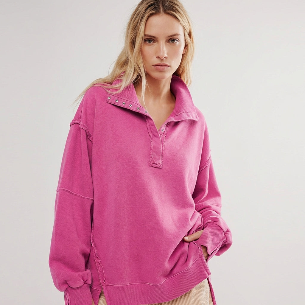 Stijlvolle dames oversized pullover met Henley halslijn en lange mouwen, ideaal voor een casual, comfortabele look.