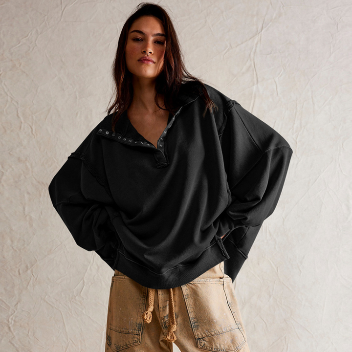 Comfortabele dames trui, oversized pullover met moderne Henley halslijn. Losvallend en geschikt voor alle seizoenen.
