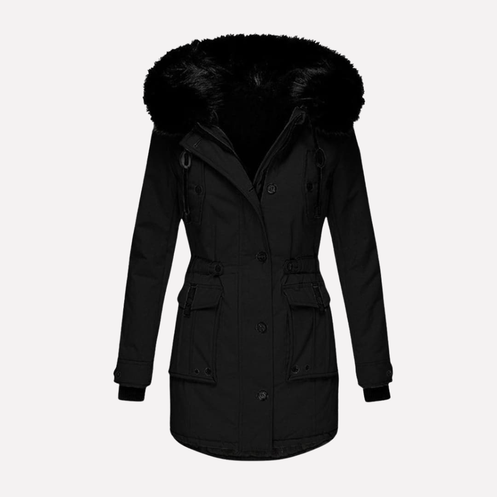 Comfortabele dames winterjas type parka met verstelbare capuchon en ruime flapzakken voor buitenactiviteiten.