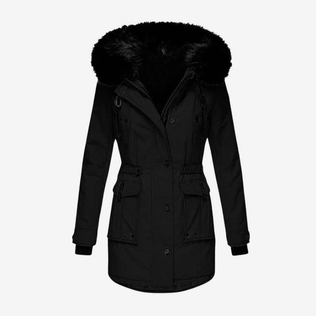Comfortabele dames winterjas type parka met verstelbare capuchon en ruime flapzakken voor buitenactiviteiten.