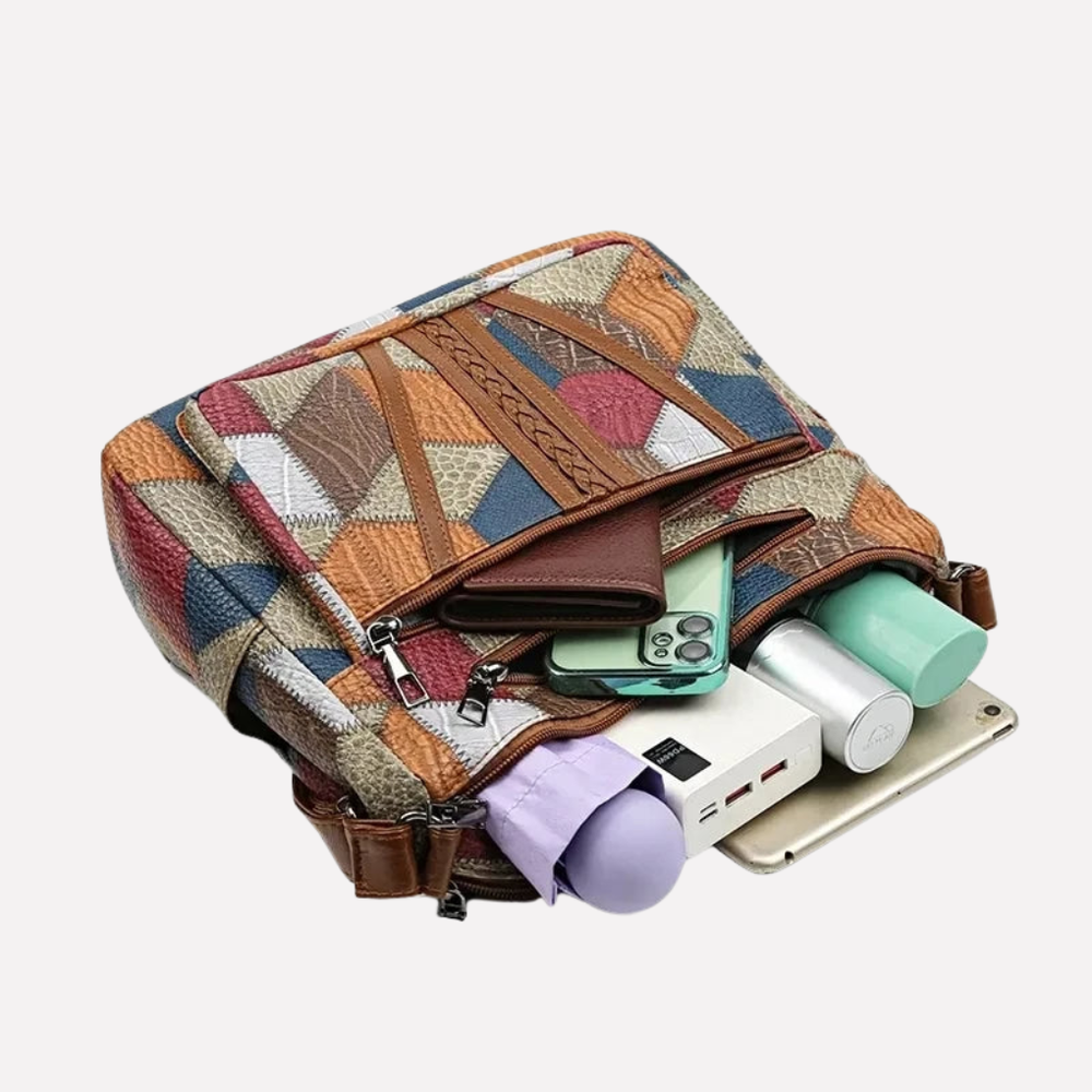 Modieuze vegan dames patchwork schoudertas, ook als crossbodytas te dragen. Perfecte georganiseerde dagelijkse tas.