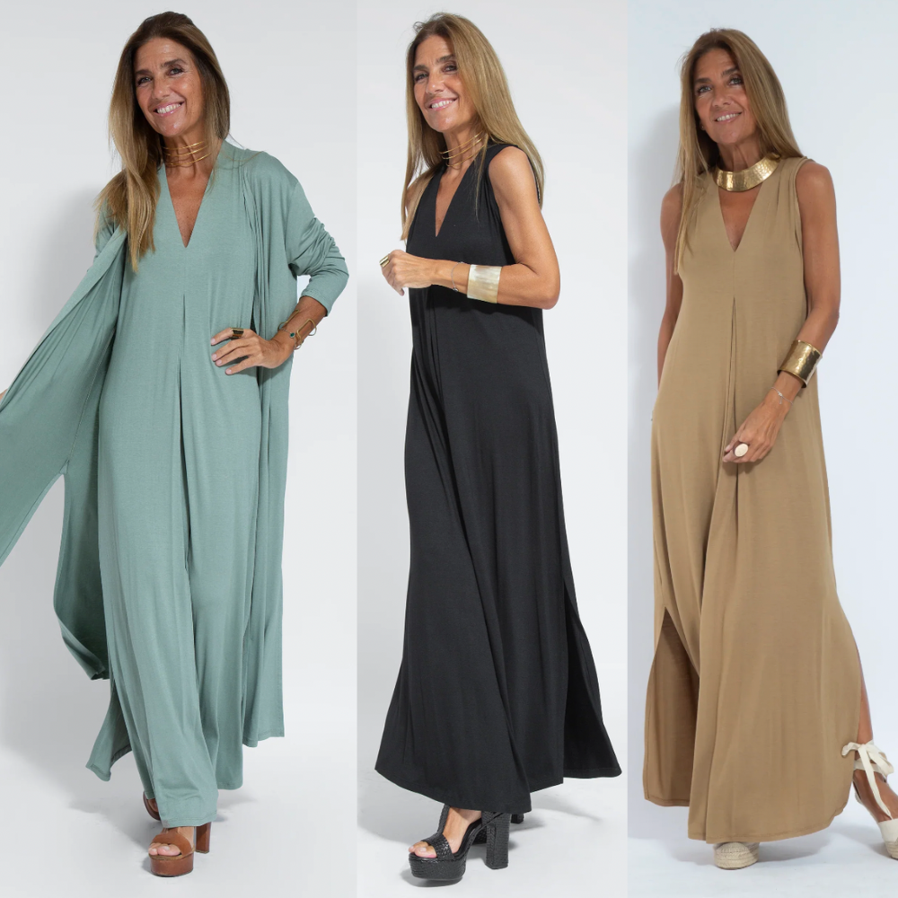 Comfortabele Loreen maxi jurk met vest. Veelzijdige tweedelige dames outfit, ideaal voor elke gelegenheid.