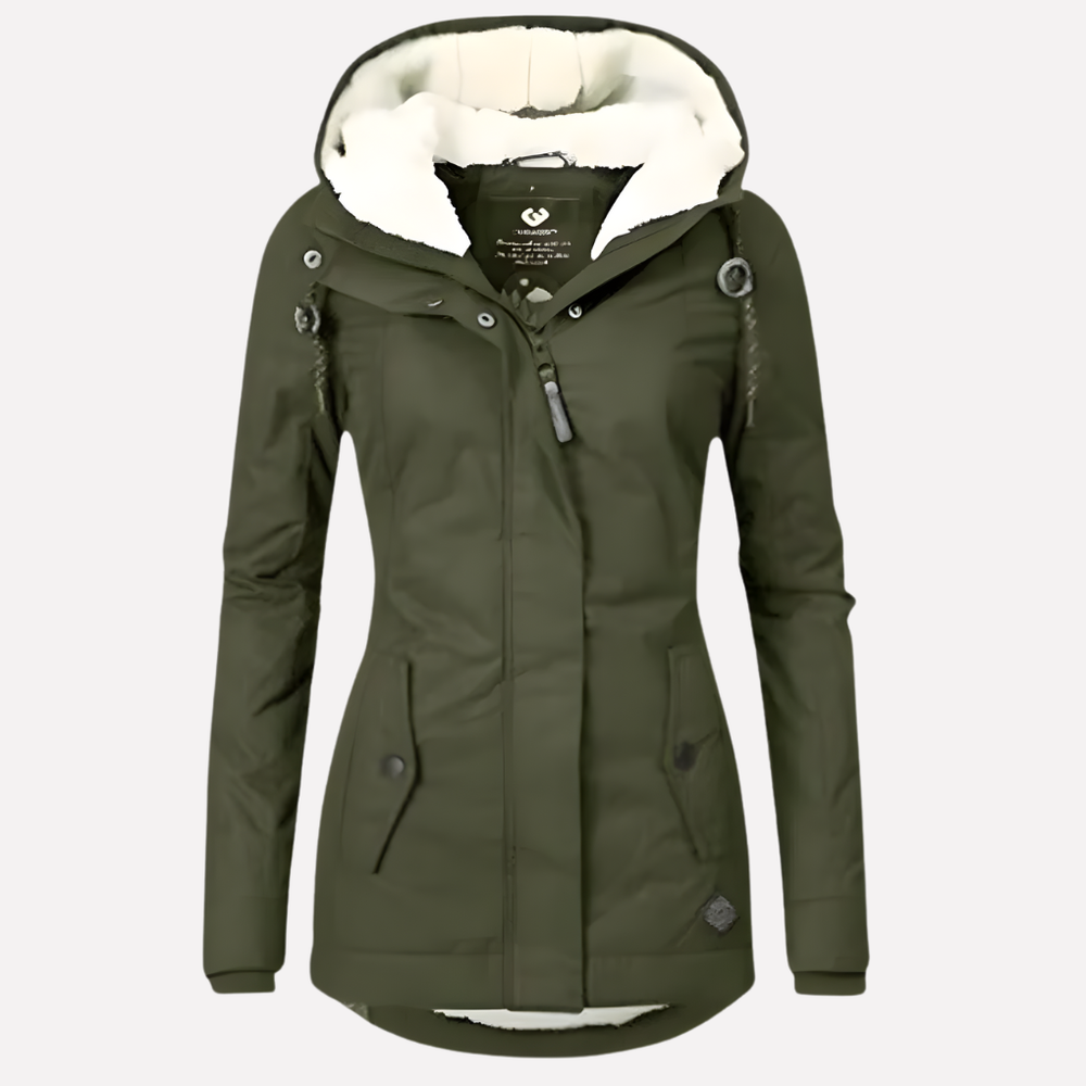 Warme dames winterjas, gevoerd en stijlvol, met capuchon in trendy legergroen. Ideaal voor de winter.