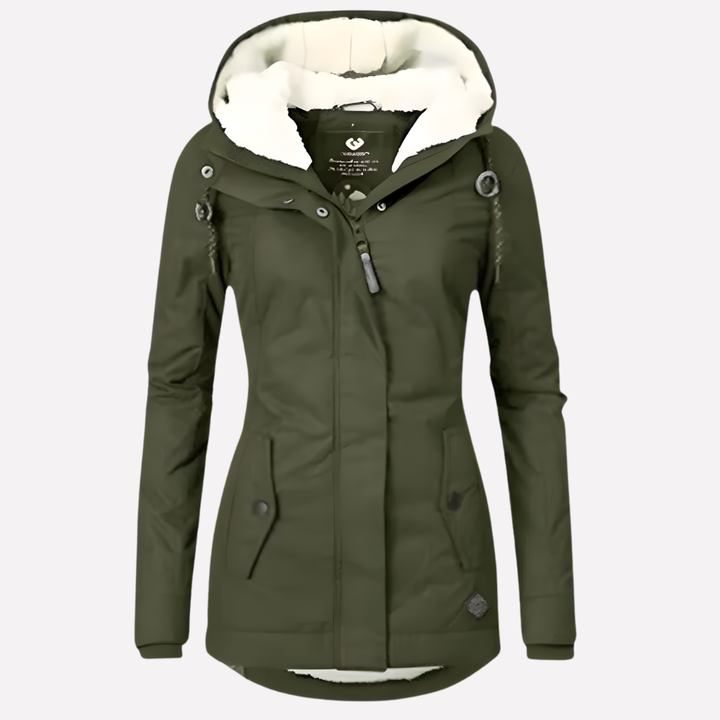 Warme dames winterjas, gevoerd en stijlvol, met capuchon in trendy legergroen. Ideaal voor de winter.
