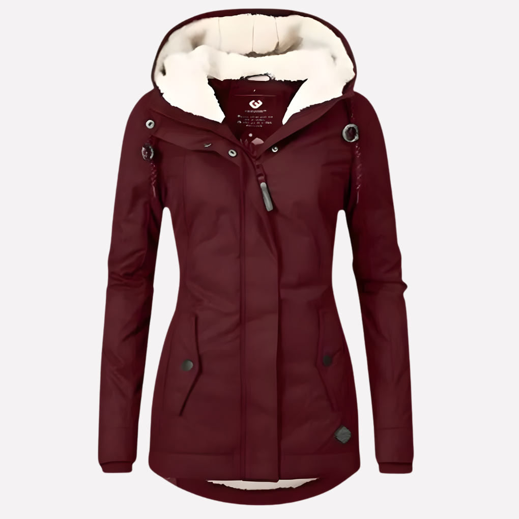Comfortabele en veelzijdige dames winterjas met gevoerde voering en vaste capuchon in elegant wijnrood.