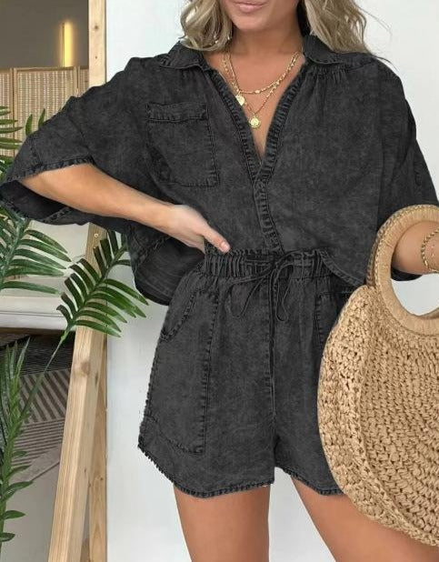 Trendy tweedelige dames zomerset met korte mouwen, ideaal als casual strandkleding of comfortabele vakantiekleding.