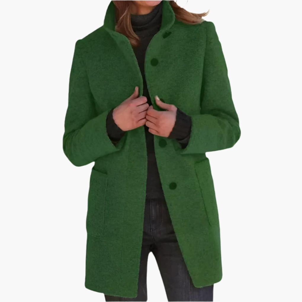 Stijlvolle damesjas met opstaande kraag, middellang en elegant, perfect als overgangsjas voor elk seizoen.