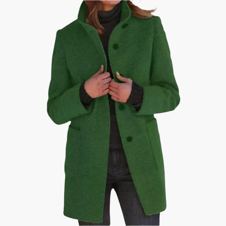 Stijlvolle damesjas met opstaande kraag, middellang en elegant, perfect als overgangsjas voor elk seizoen.