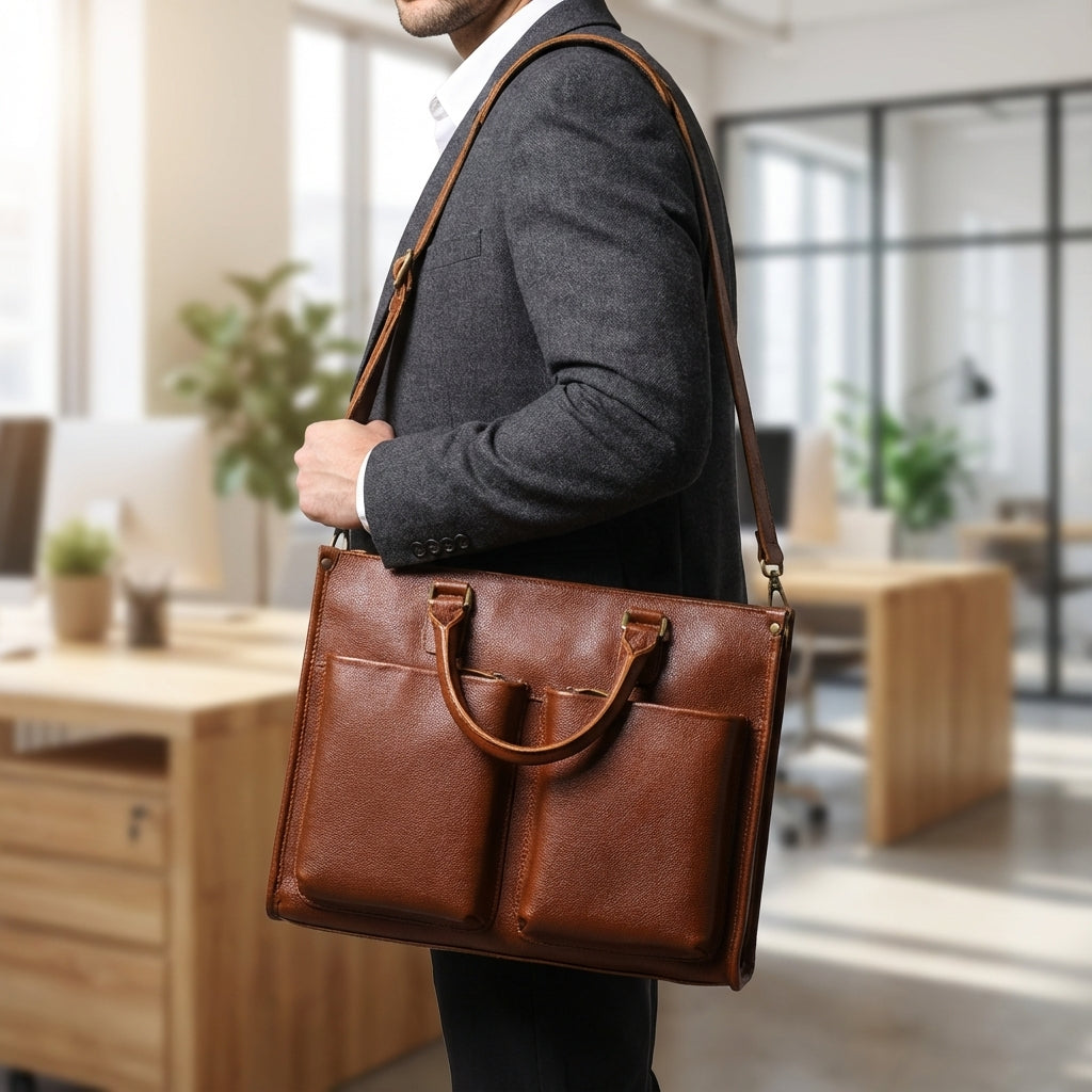 Stijlvolle donkerbruine unisex zakelijke aktetas van Leatheron, ruime laptoptas met veel opbergruimte.